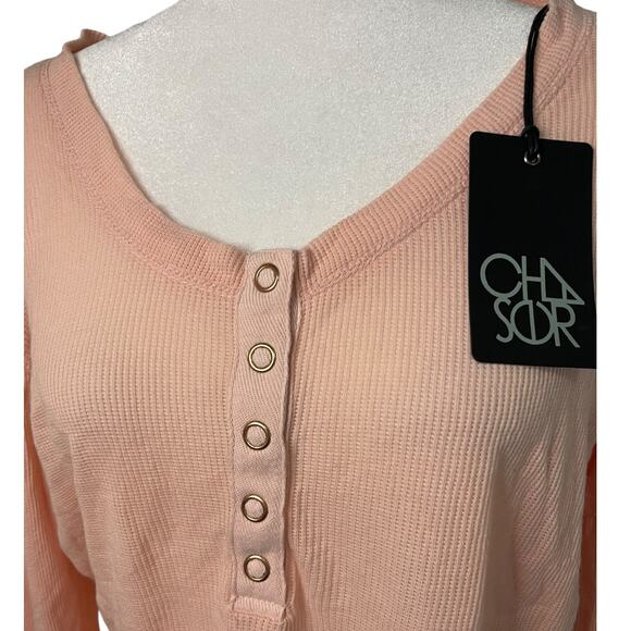 NWT Women's Chaser pink waffle knit half button front long sleeve top - small - Picture 2 of 7